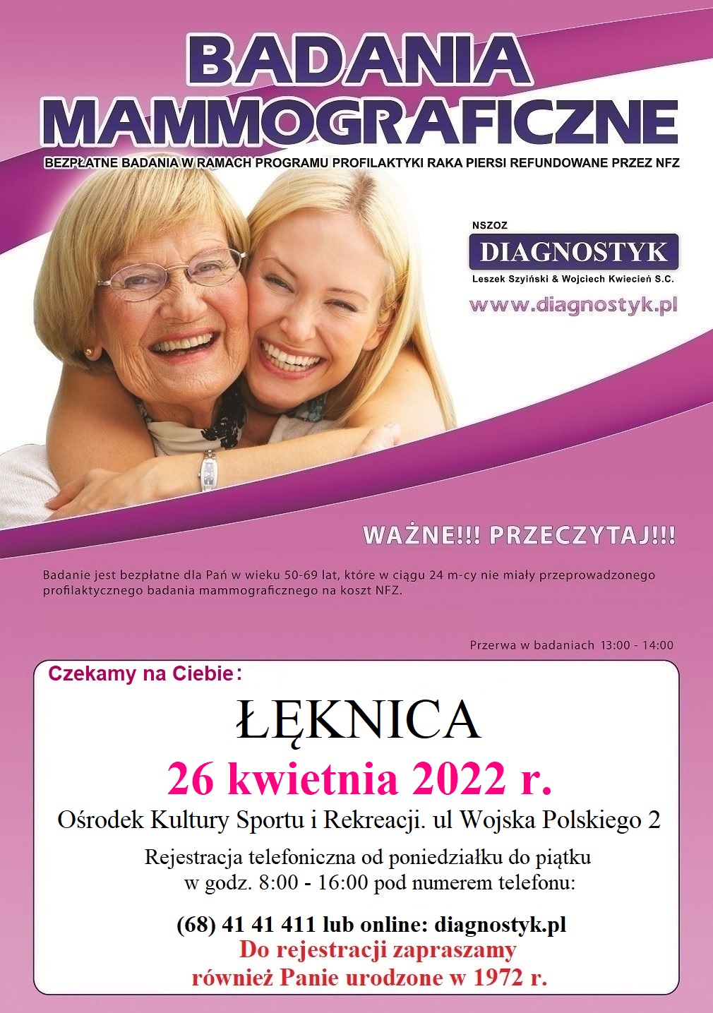 Plakat badania mammograficzne 26 kwietnia 2022